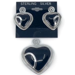 Heart Shaped Sterling Silver and Onyx Pendant and Earrings